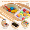 Wooden outdoor mud kitchen for kids featuring two sinks, perfect for washing fruits, mud play, and sand games.