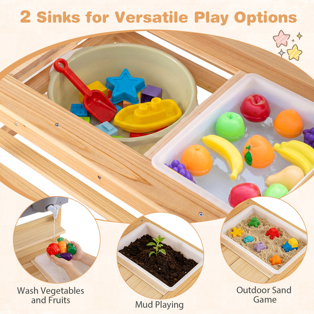 Wooden outdoor mud kitchen for kids featuring two sinks, perfect for washing fruits, mud play, and sand games.