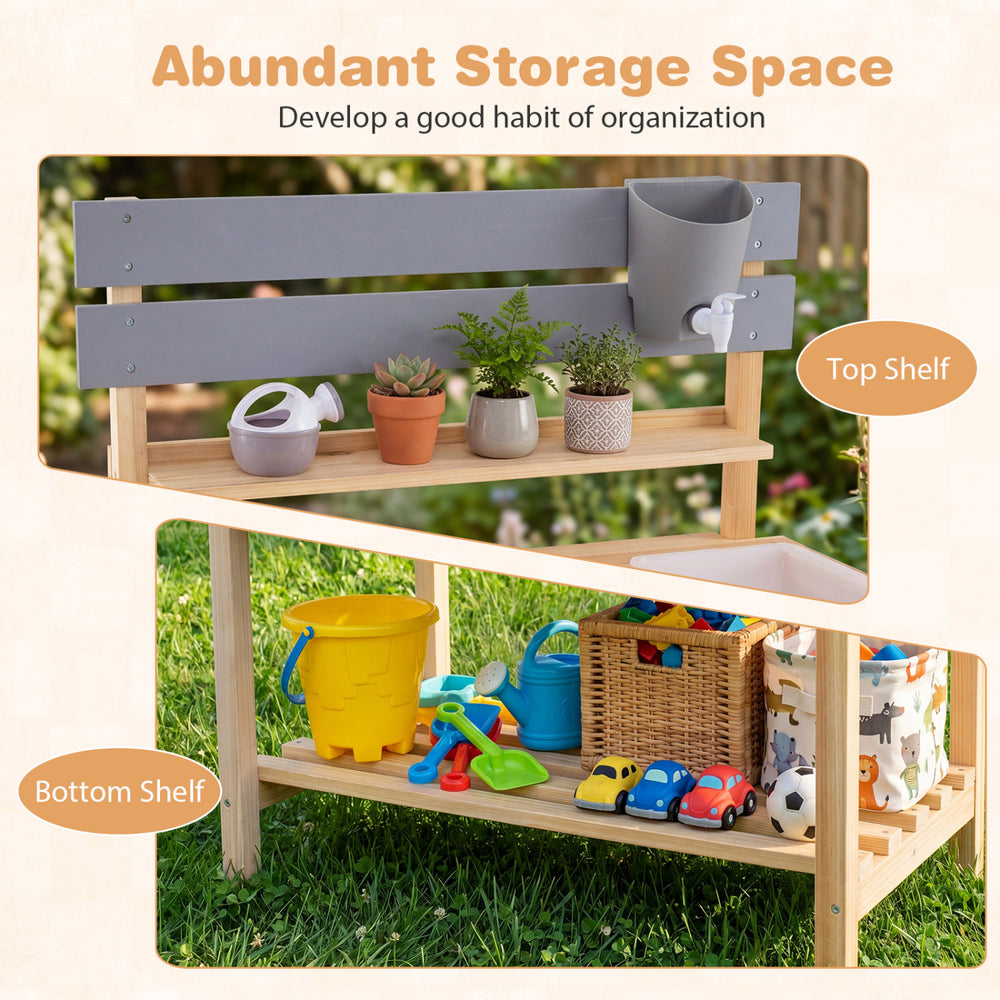 Wooden outdoor mud kitchen for kids featuring storage shelves, sink, and accessories for imaginative play and.