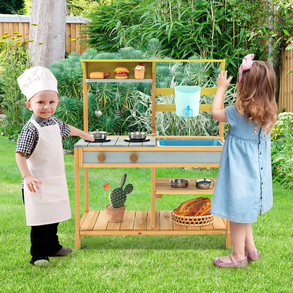 Outdoor kids mud kitchen with faucet, featuring a stove top, removable sink, and storage shelves for imaginative play.
