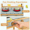 Kids mud kitchen stove top with rotatable knob and pots, perfect for outdoor play and fun cooking experiences.