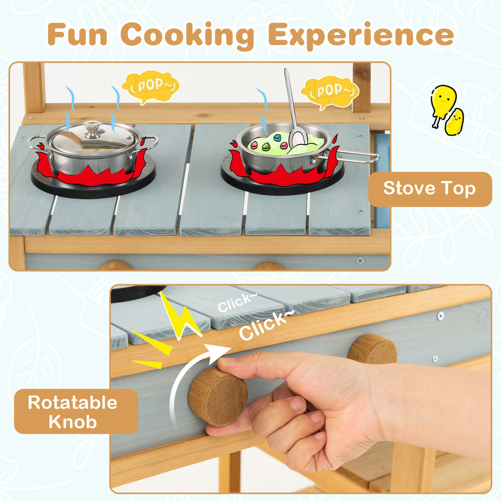 Kids mud kitchen stove top with rotatable knob and pots, perfect for outdoor play and fun cooking experiences.