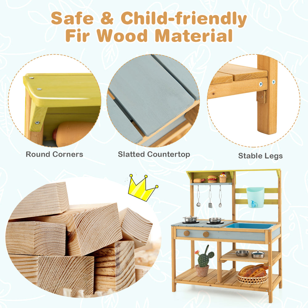 Outdoor kids mud kitchen featuring slatted countertop, safe fir wood material, and detachable middle shelf for.