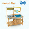 Outdoor kids mud kitchen with faucet and water box, featuring slatted countertop and multiple storage shelves for.