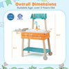 Outdoor kids play kitchen set with removable sink in orange, featuring dimensions for age suitability and play.