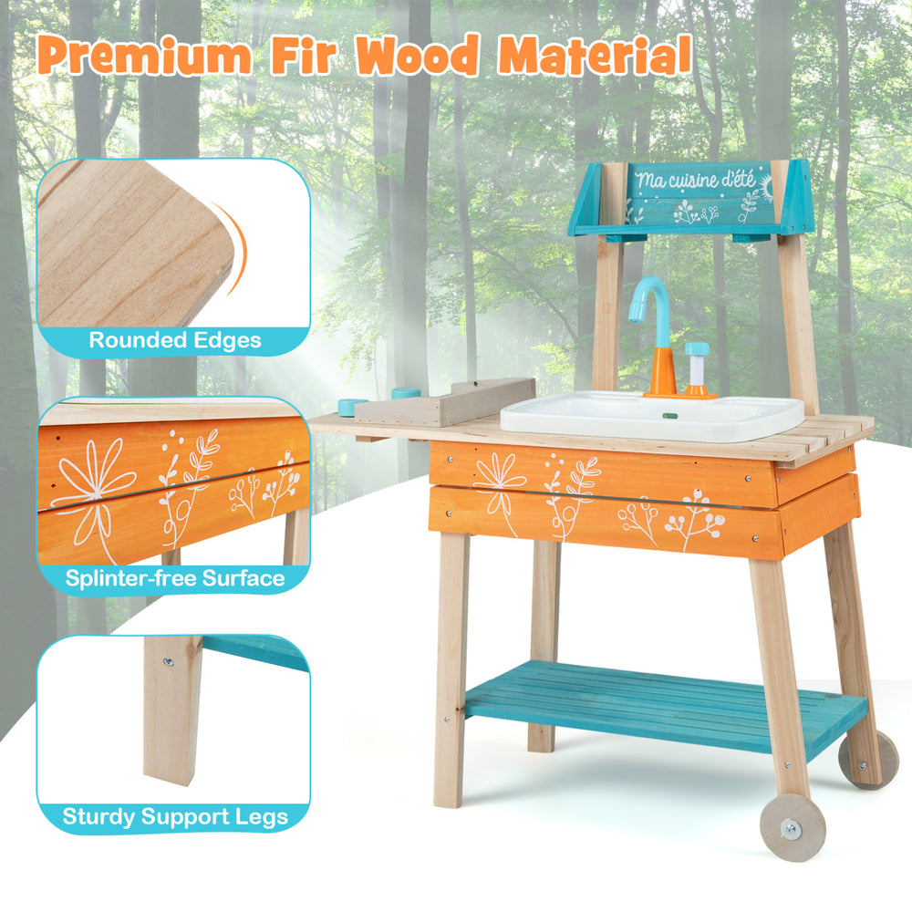 Outdoor kids play kitchen set in orange with removable sink, featuring rounded edges and sturdy support legs.