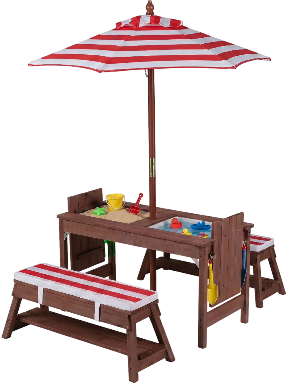 Outdoor kids wooden picnic table set with red striped umbrella, featuring lift-off tabletops and cushioned benches for comfort.