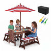 Outdoor kids wooden picnic table and benches set with red umbrella, featuring open shelves for extra storage and organization.