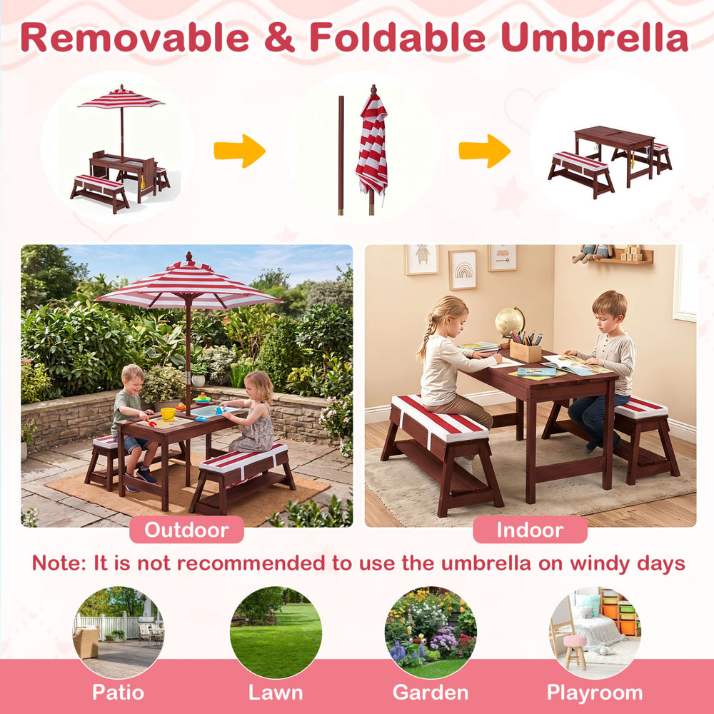 Outdoor kids wooden picnic table and benches set with a red detachable umbrella, perfect for patio or garden play.