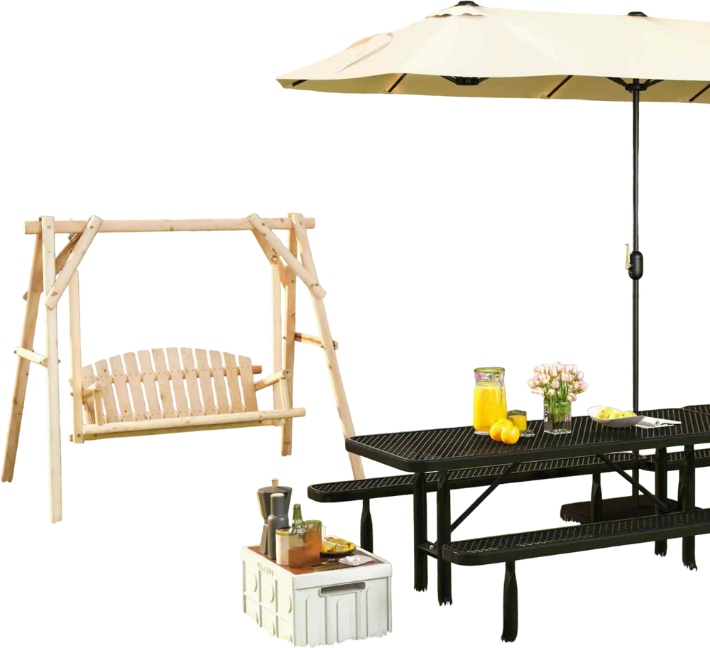 Outdoor Living 6-in-1 Combo Set featuring a wooden swing and black picnic table for versatile outdoor relaxation and.