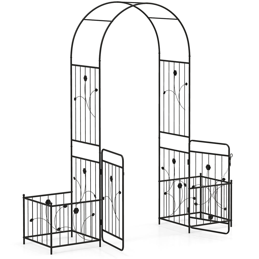 Elegant black metal garden arch with decorative floral design, perfect for outdoor spaces and enhancing garden.