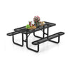 Black outdoor picnic table with benches, featuring durable weather-resistant construction for gardens and patios.