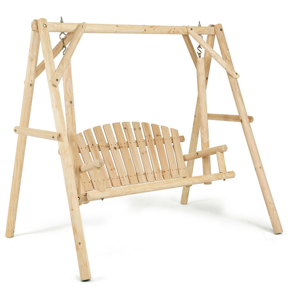 Wooden outdoor swing seat with a durable weather-resistant design, perfect for gardens and patios.