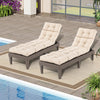Beige outdoor lounge chaise with high back cushions and string ties, perfect for poolside relaxation.