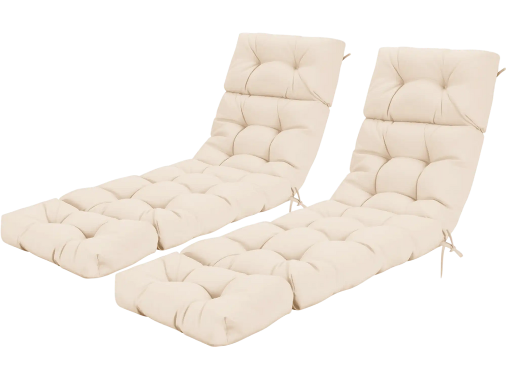 High back outdoor lounge chaise cushions in beige, 73"x22", featuring string ties for secure attachment.
