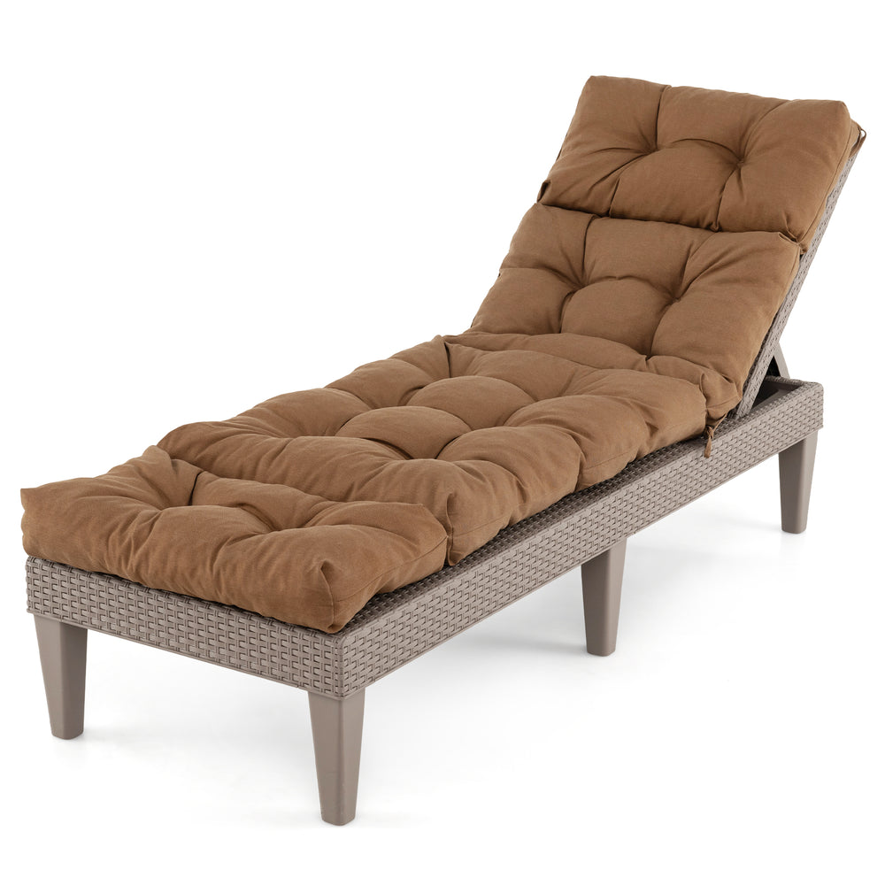 Brown outdoor lounge chaise cushion with string ties, featuring thickened high resilience cotton for optimal comfort.
