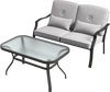 Outdoor loveseat chair set with soft cushions and a tempered glass coffee table, perfect for backyard relaxation.