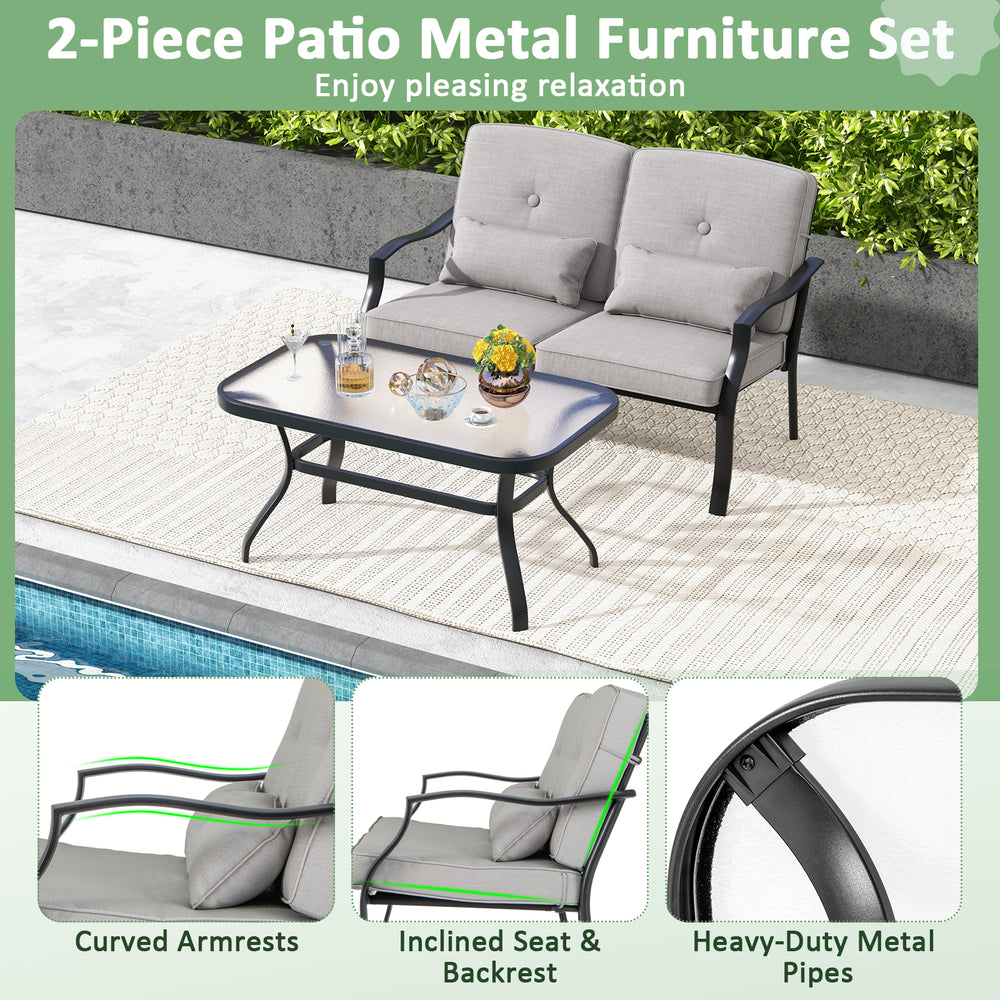 Outdoor loveseat chair set with soft cushions and tempered glass coffee table, perfect for backyard relaxation.