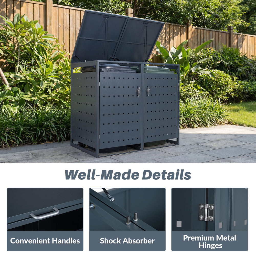 Outdoor metal garbage bin storage shed for 2 trash cans, featuring convenient handles and premium metal hinges for easy.