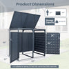 Outdoor metal garbage bin storage shed with dual trash can capacity, featuring reinforced structure and wide-opening.