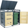 Outdoor metal garbage bin storage shed for 2 trash cans with yellow doors and gas-strut lids for easy access.