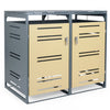 Outdoor metal garbage bin storage shed for 2 trash cans in yellow with lockable doors and gas-strut lids for easy.