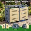 Outdoor metal garbage bin storage shed for 2 trash cans in yellow, featuring lockable handles and gas-strut top lids.