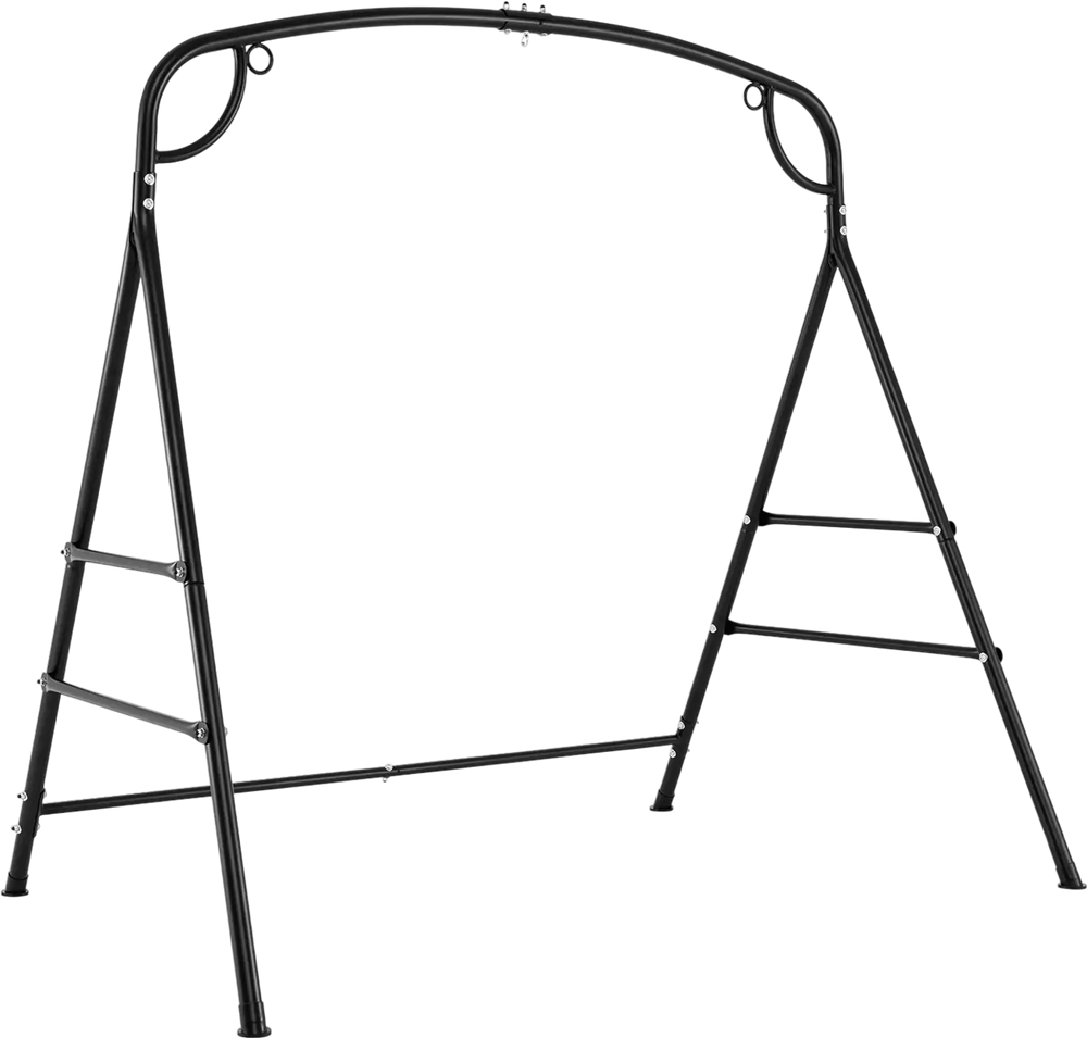 Outdoor metal swing stand in black, featuring a heavy-duty frame and 4 support bars for stable hanging options.