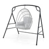 Black outdoor metal swing stand with heavy-duty frame, designed for single-point and 2-point hanging options.