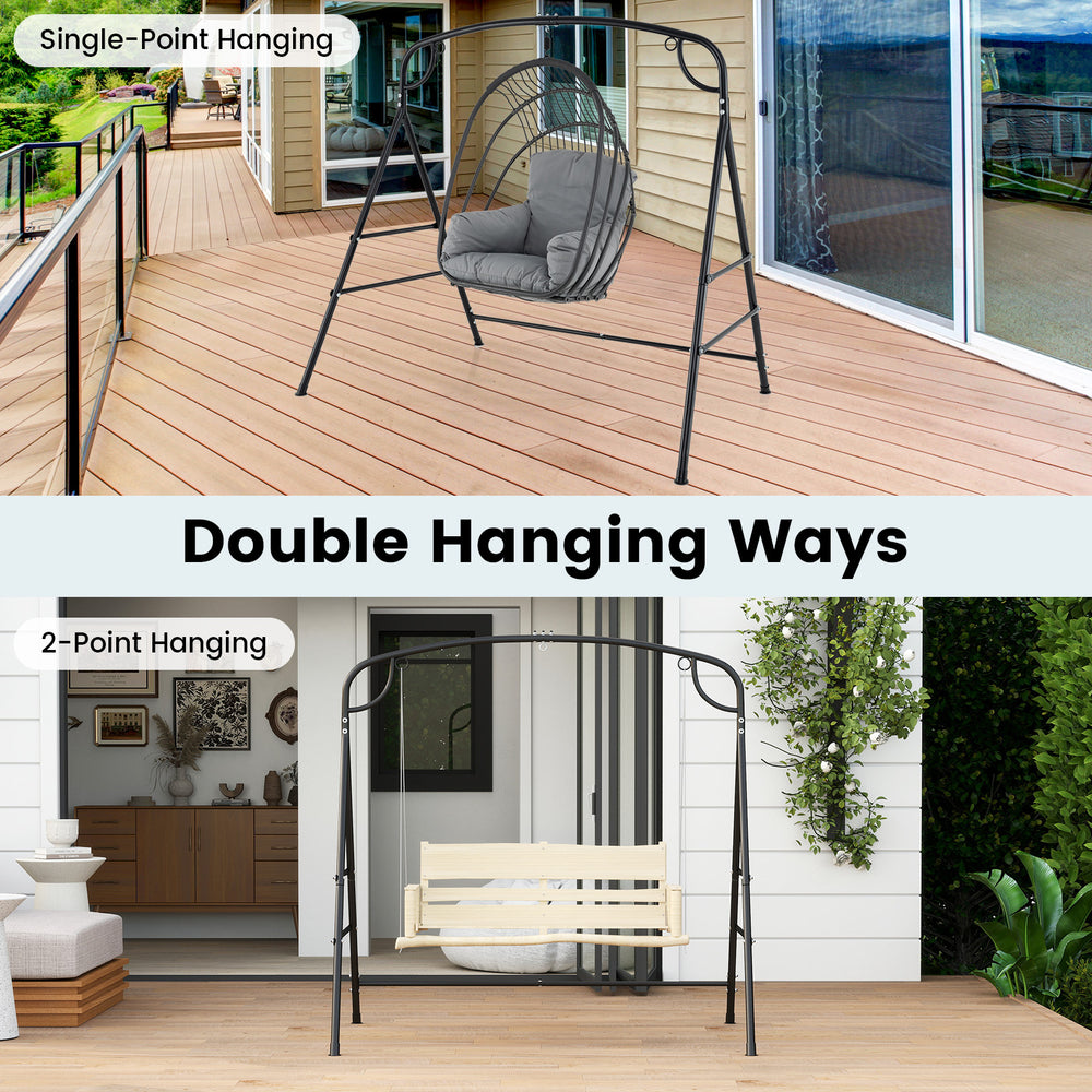 Outdoor metal swing stand with 4 support bars, showcasing single-point and 2-point hanging options for versatile use.