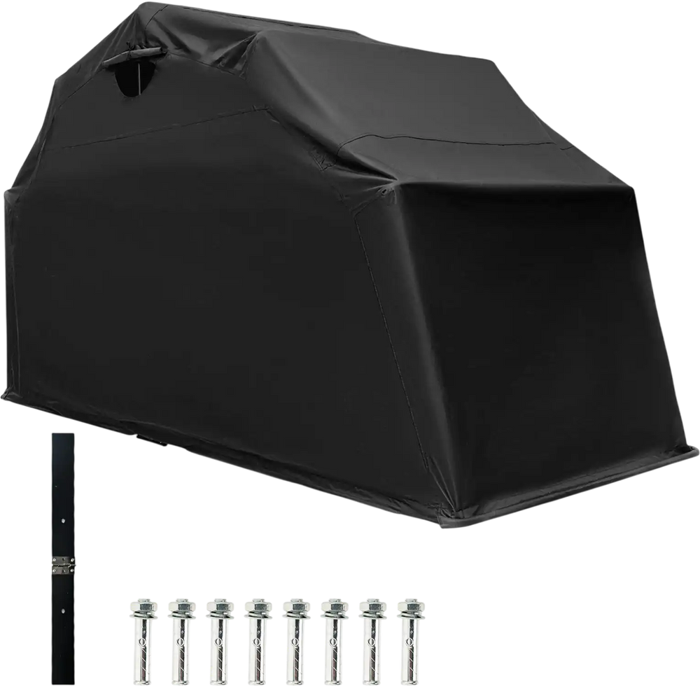 Black outdoor motorcycle shelter made of waterproof 600D Oxford fabric, featuring a sturdy frame and ventilation window.