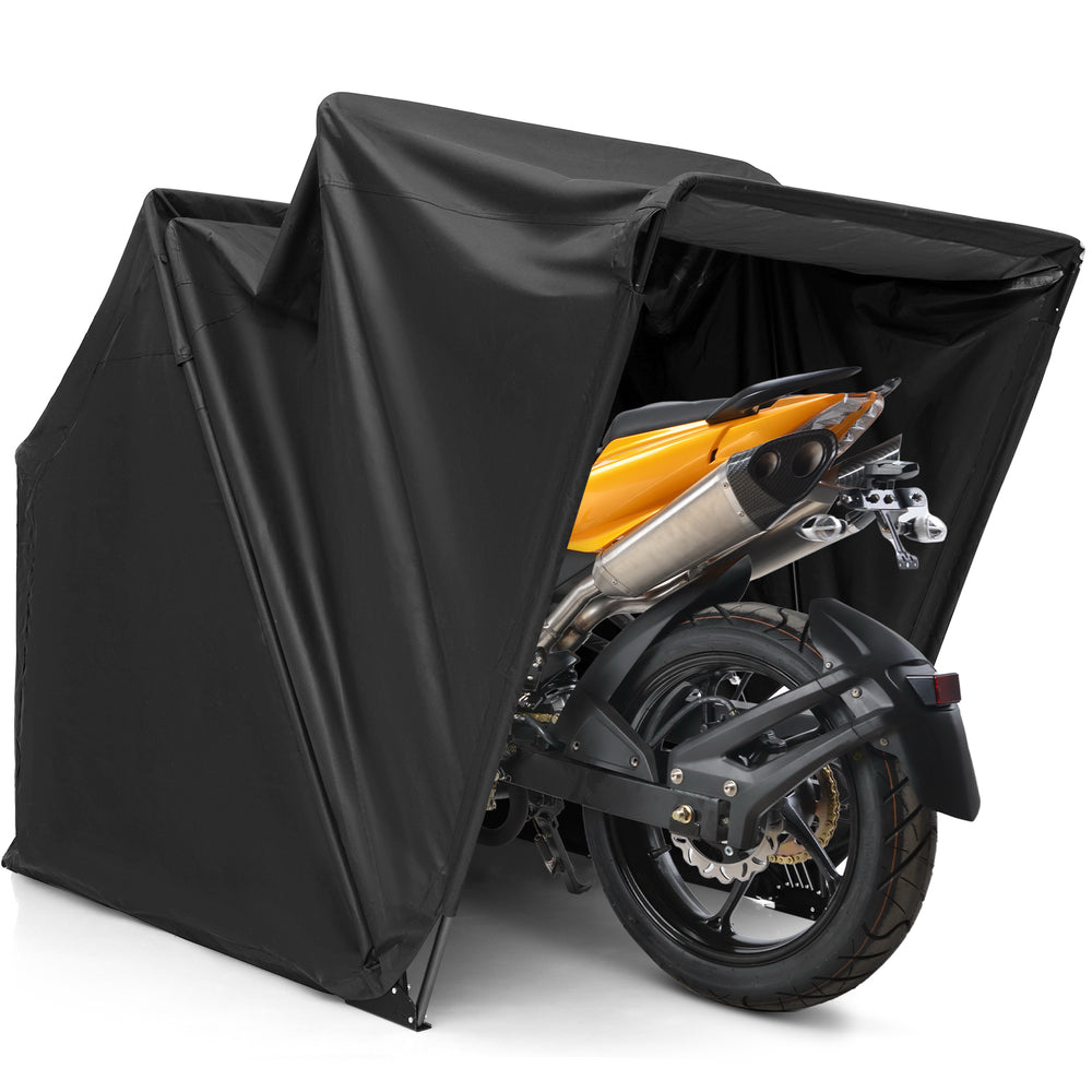 Outdoor motorcycle shelter in black, made of waterproof 600D Oxford fabric, providing durable storage for bikes and.