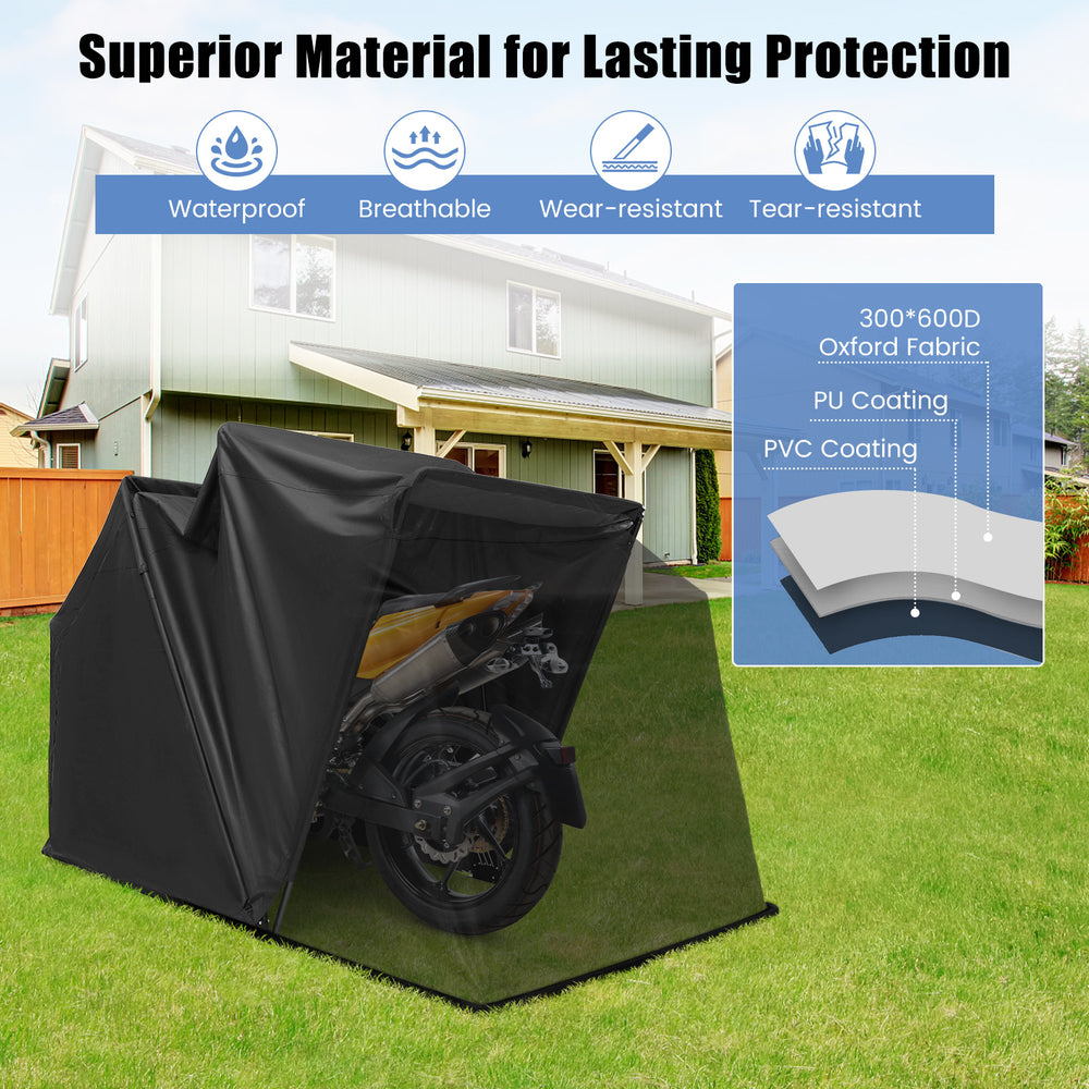 Outdoor motorcycle shelter in black, made of waterproof 600D Oxford fabric, ideal for bike storage and protection.