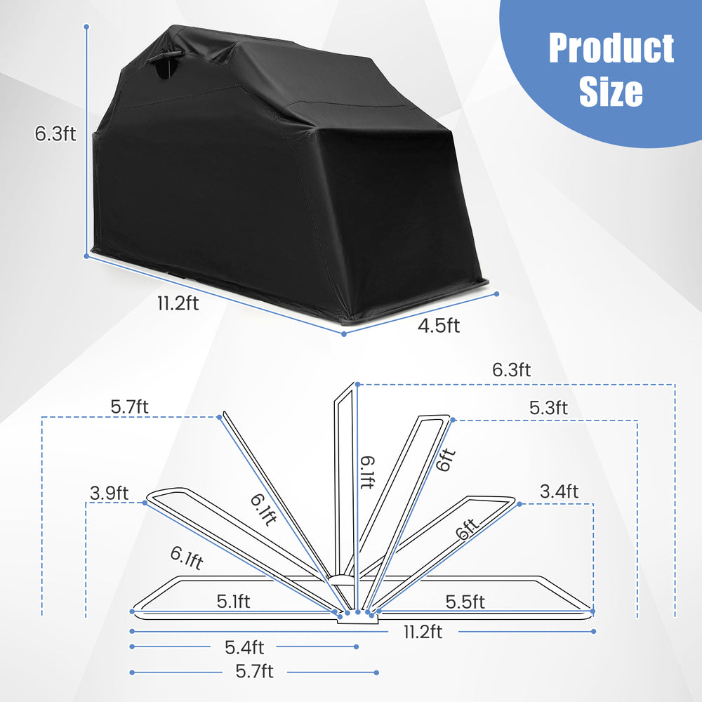 Black outdoor motorcycle shelter dimensions, featuring waterproof 600D Oxford fabric and sturdy construction for.