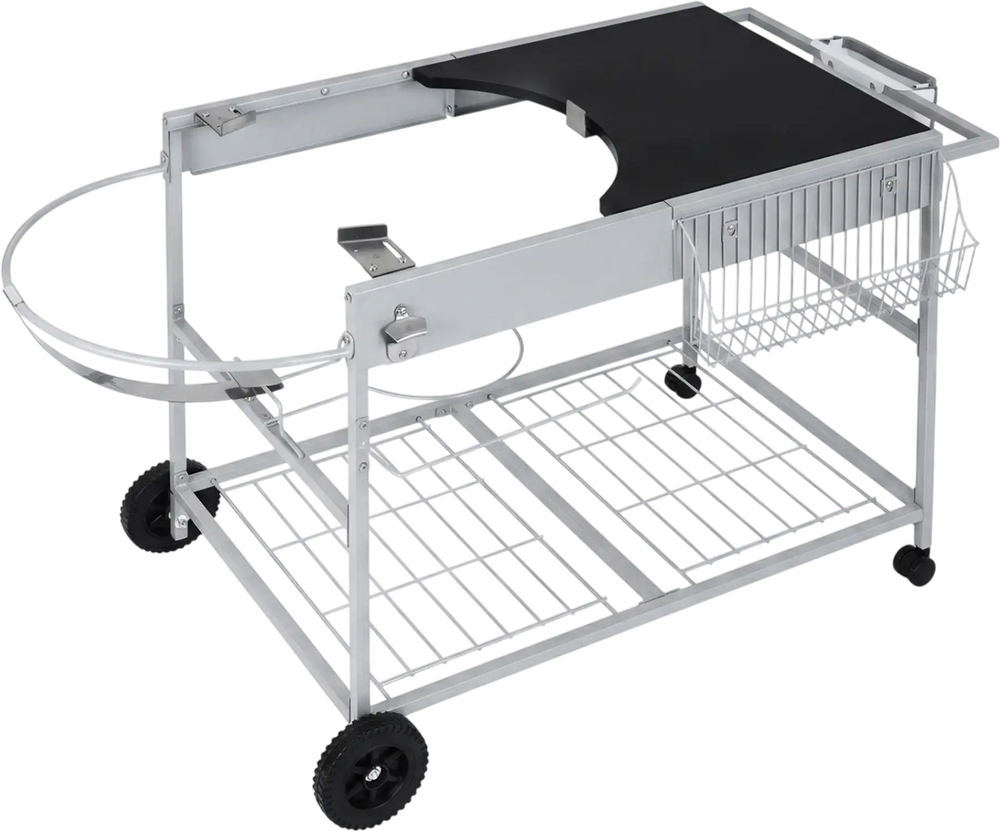 Movable outdoor grill table with adjustable clips, spacious tabletop, and storage racks for 18/22 inch Weber kettles.