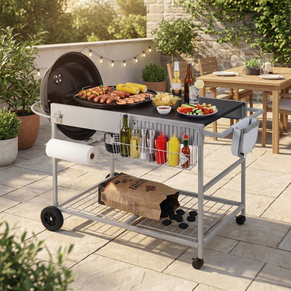 Movable outdoor grill table with spacious top, adjustable clips, and storage racks, perfect for camping and backyard.