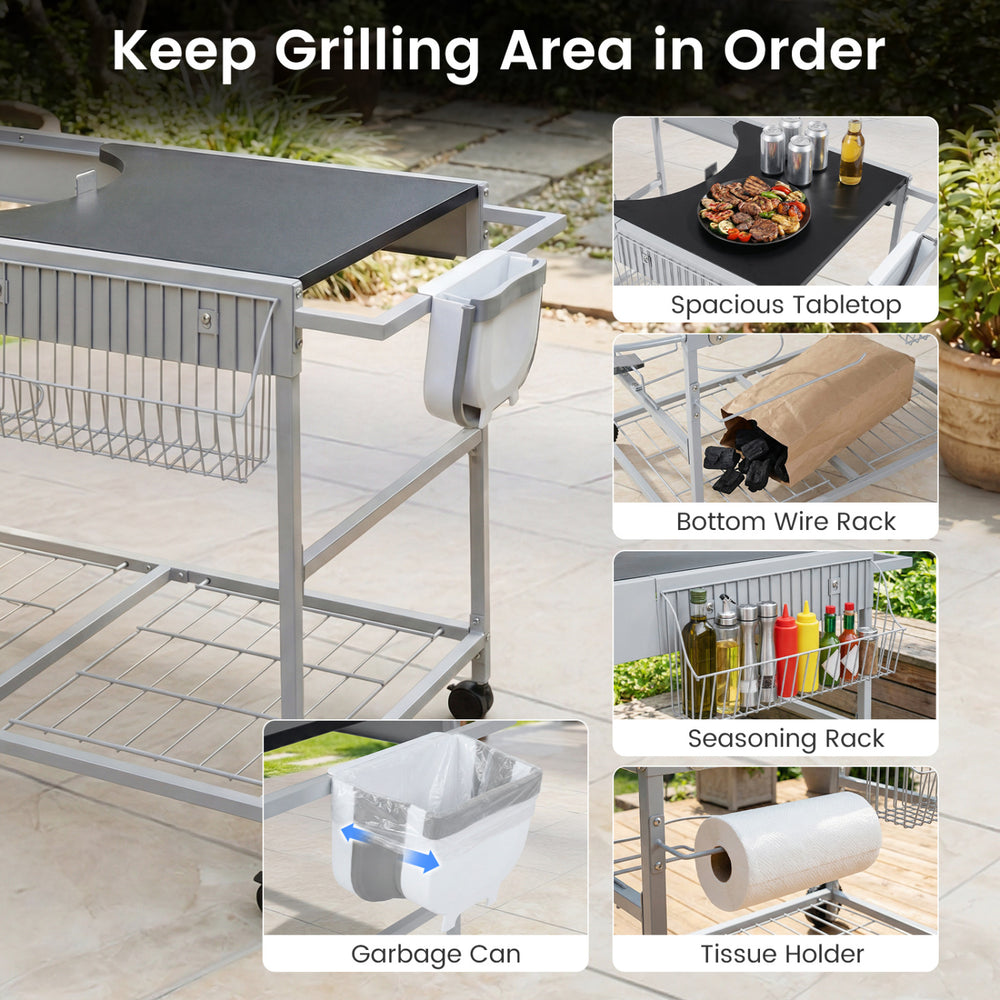 Spacious tabletop of the outdoor movable grill table with seasoning rack and foldable garbage can for organized.
