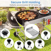 Outdoor movable grill table with adjustable clips for 18-22 inch kettles, spacious tabletop, and convenient lid holder.