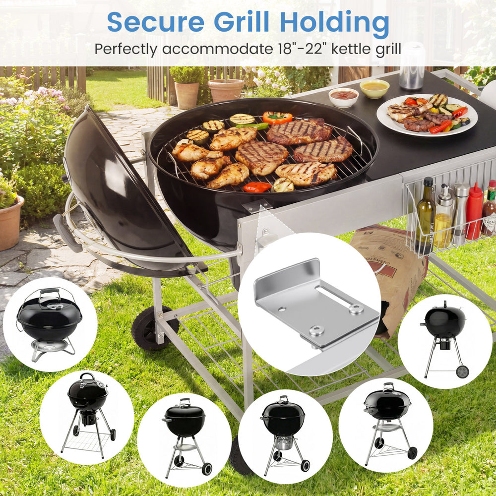 Outdoor movable grill table with adjustable clips for 18-22 inch kettles, spacious tabletop, and convenient lid holder.
