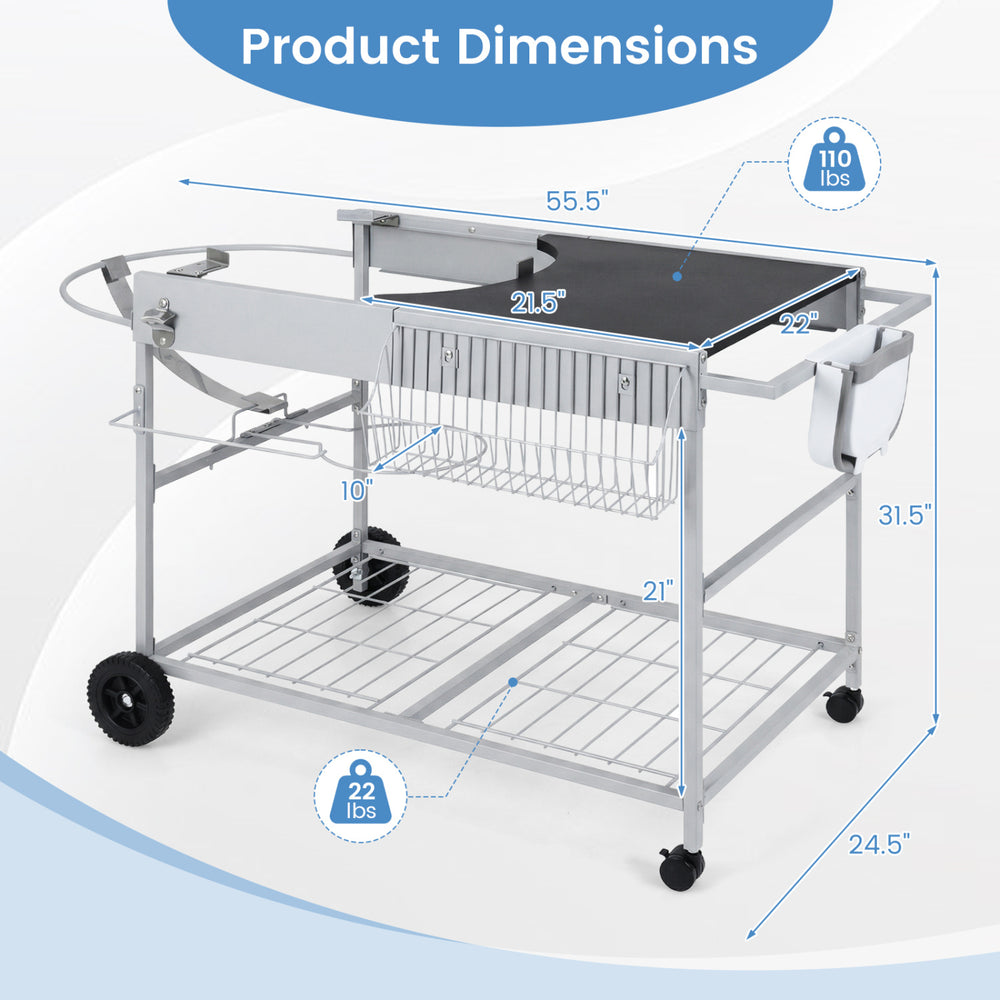 Dimensions of the outdoor movable grill table for 18/22 inch Weber kettle, featuring a spacious tabletop and storage.