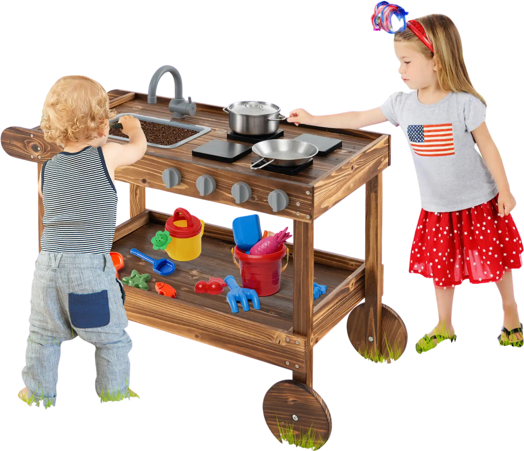 Costway Outdoor Movable Mud Kitchen Playset w/ 2 Rolling Wheels & Push Handle 29843617 New