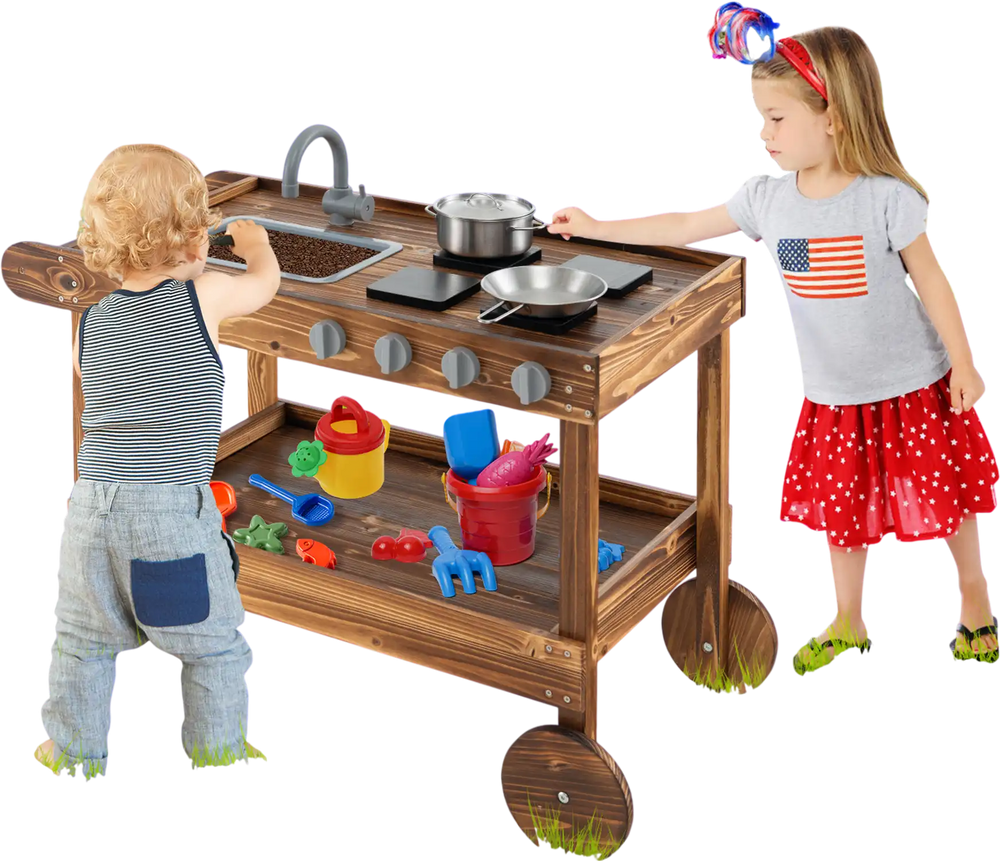 Outdoor movable mud kitchen with sink, stove, and wheels, perfect for kids' imaginative play in the garden.