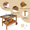 Outdoor movable mud kitchen with sink, stove, and storage shelf, made of fir wood for kids' imaginative play.