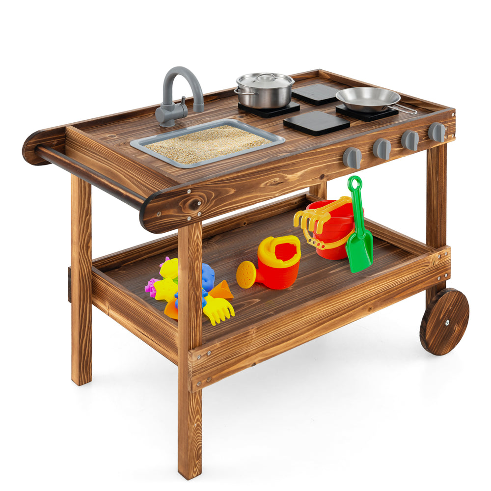 Outdoor movable mud kitchen with sink, stove, and toys, made of fir wood for kids' imaginative play in the backyard.