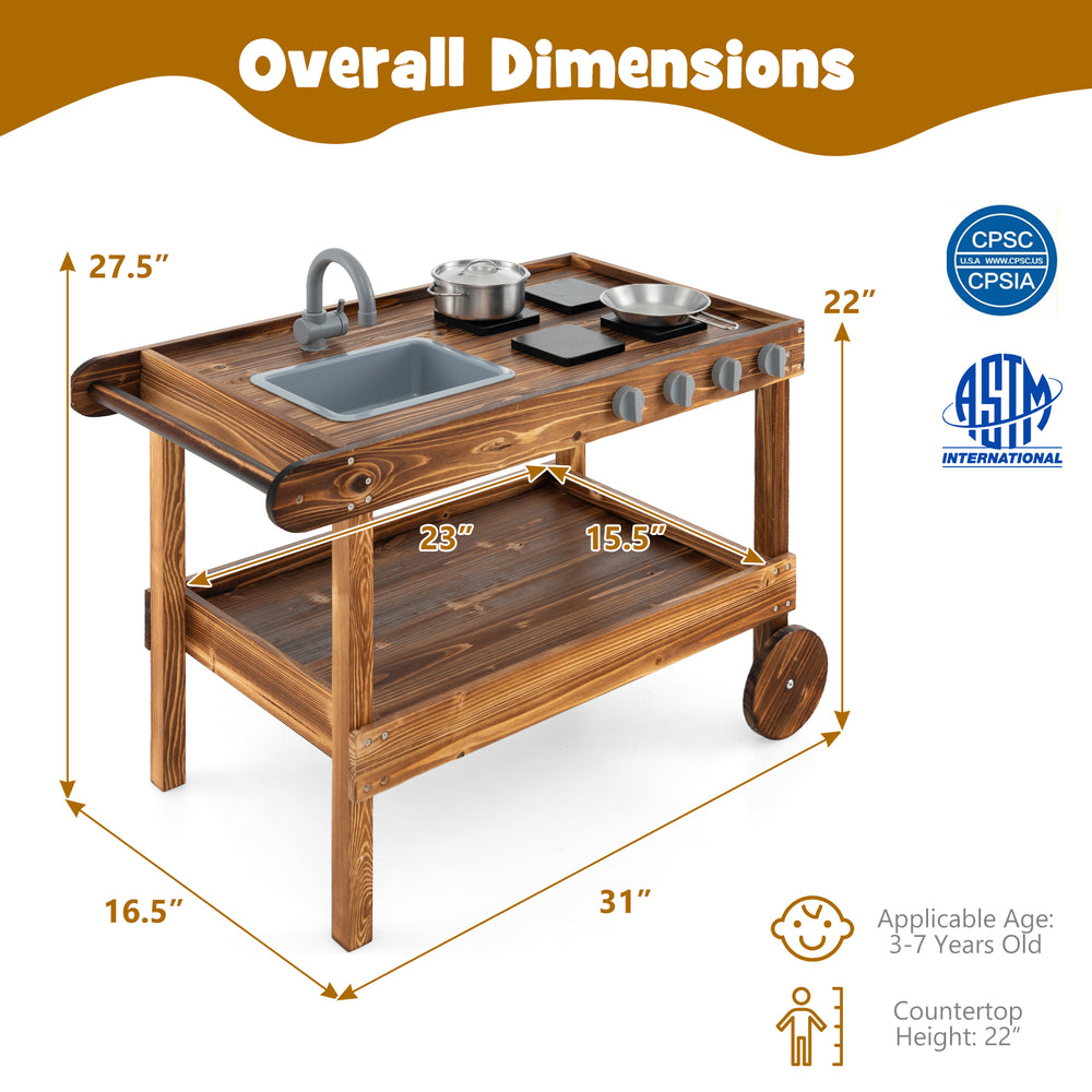 Outdoor movable mud kitchen with sink, faucet, and stoves, made of fir wood, ideal for kids' imaginative play.