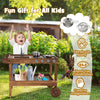 Outdoor movable mud kitchen with sink and stoves, made of fir wood, encourages kids' creativity and hands-on skills.
