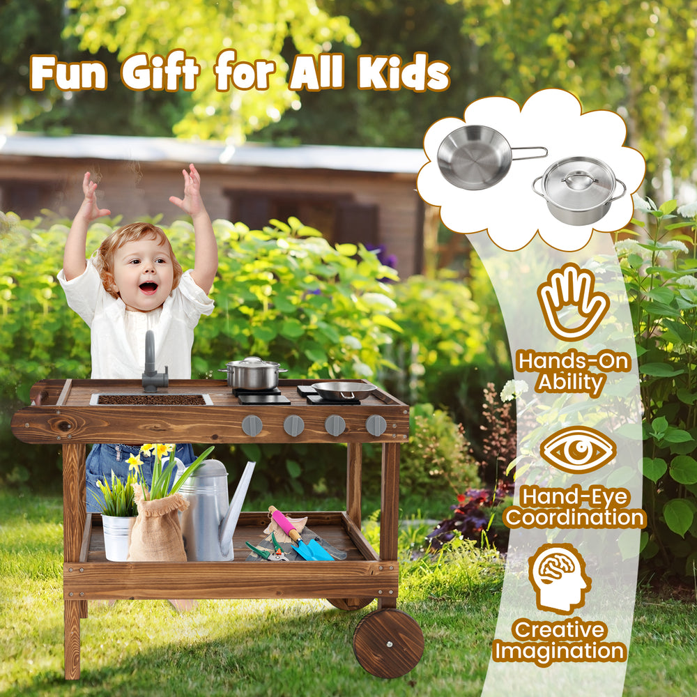 Outdoor movable mud kitchen with sink and stoves, made of fir wood, encourages kids' creativity and hands-on skills.