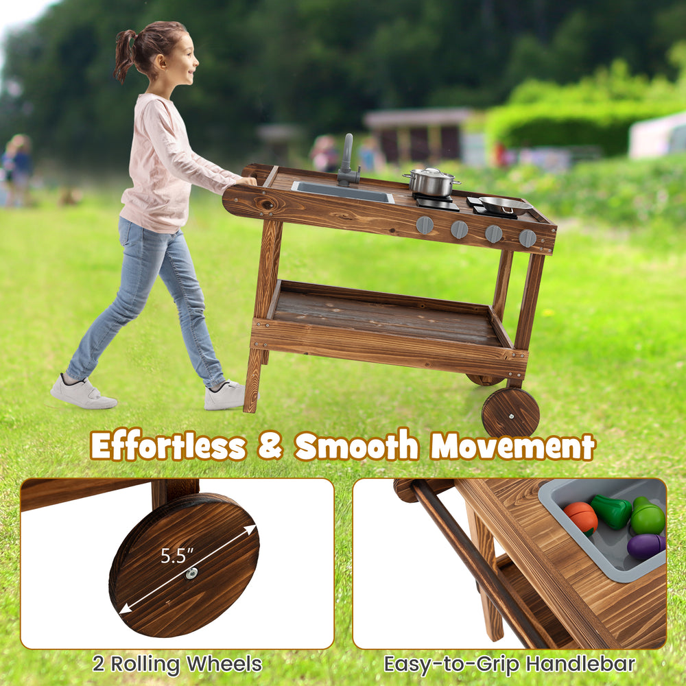 Outdoor movable mud kitchen with 2 rolling wheels and push handle, made of fir wood for kids' imaginative play.
