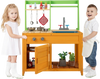 Outdoor mud kitchen playset in orange with stove, sink, and storage for kids aged 3+, promoting imaginative play.
