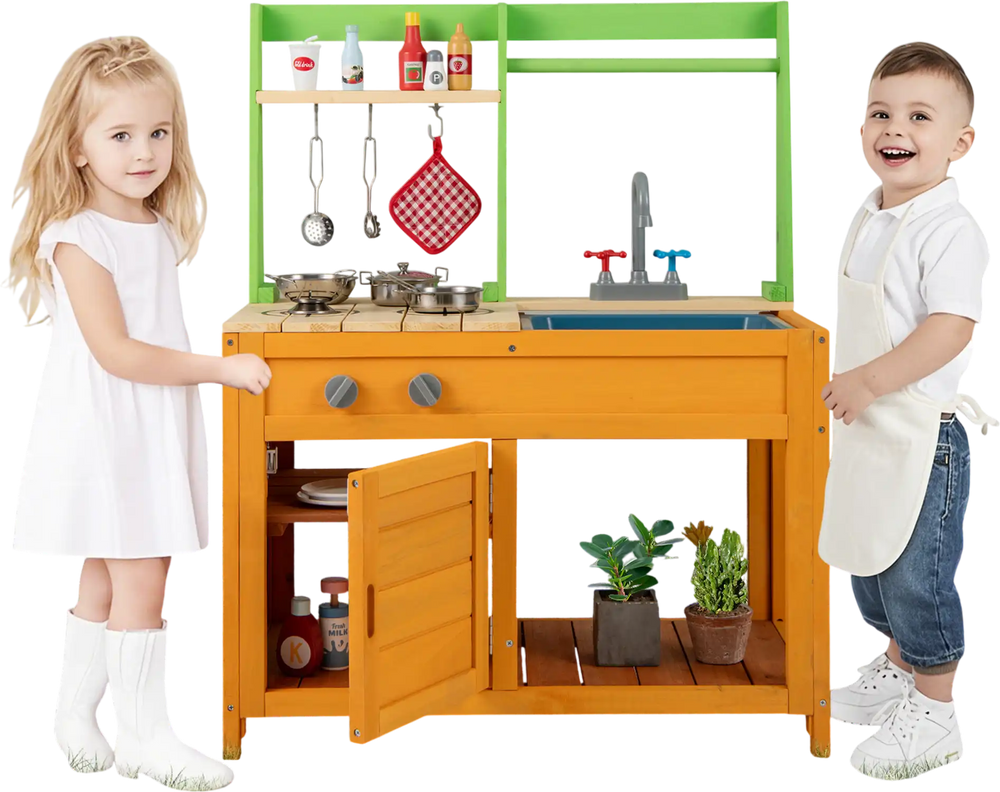 Outdoor mud kitchen playset in orange with stove, sink, and storage for kids aged 3+, promoting imaginative play.